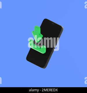 Smartphone mit Download Icon Cartoon-3D-Rendering Stockfoto