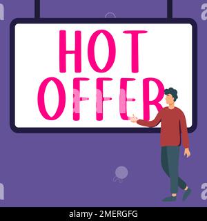 Textzeichen mit „Hot Offer“. Wort auf Produkt oder Programm geschrieben, das zu reduzierten Preisen oder Tarifen angeboten wird Stockfoto