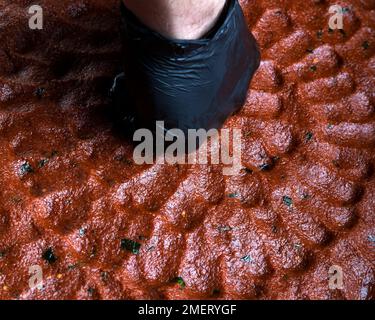 CIG kofte (auf Türkisch Çiğ Köfte ausgesprochen chee köfte) ist eines der beliebtesten Gerichte in der Türkei. CIG Kofte (scharfe rohe türkische Fleischbällchen). Stockfoto