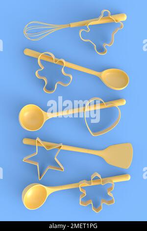 Set aus Plätzchenausstechern aus Metall und Küchenutensilien aus Holz auf monochromem Hintergrund. 3D Wiedergabe von Küchengeräten und Zubehör für das Kochen Stockfoto