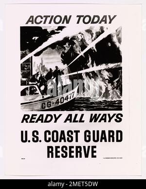 Ein Poster zur Rekrutierung der Küstenwache betont die Bereitschaft und das Engagement der Küstenwache und ermutigt einzelne, sich verschiedenen maritimen und militärischen Aufgaben anzuschließen. Dieses Poster spiegelt das Engagement der US-Küstenwache für die nationale Sicherheit und die Sicherheit im Seeverkehr wider. Stockfoto