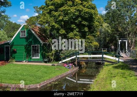 Dorfszene mit Vorgarten und traditionellen Häusern in der Straße Haaldersbroek im Stadtteil Kalverpolder, Zaandam, Nordholland Stockfoto