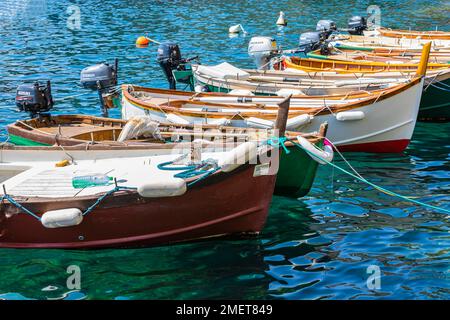 Bunte Fischerboote, die sich im Wasser im Hafen von Manarola, Manarola, Cinque Terre, Ligurische Küste, Ligurien, Italien Stockfoto