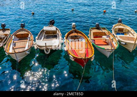 Bunte Fischerboote, die sich im glitzernden Wasser im Hafen von Manarola, Manarola, Cinque Terre, Ligurische Küste, Ligurien, Italien Stockfoto