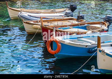 Bunte Fischerboote, die sich im Wasser im Hafen von Manarola, Manarola, Cinque Terre, Ligurische Küste, Ligurien, Italien Stockfoto