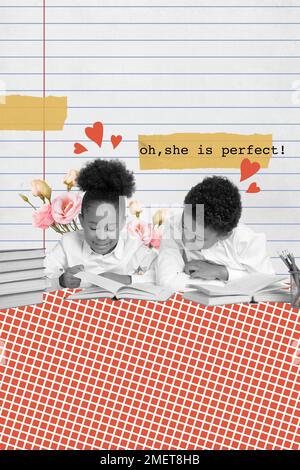Kreatives Foto 3D Collage-Kunstwerke Poster auf einer Postkarte von zwei süßen Schulkindern, die Bücher isoliert auf Malhintergrund lesen Stockfoto