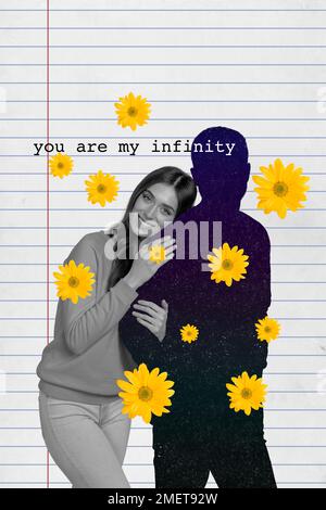 Kreatives Foto 3D Collage Kunstwerk Poster auf einer Postkarte mit einer wunderschönen Frau, die ihren Mann umarmt, ohne Gesicht auf Malhintergrund isoliert Stockfoto