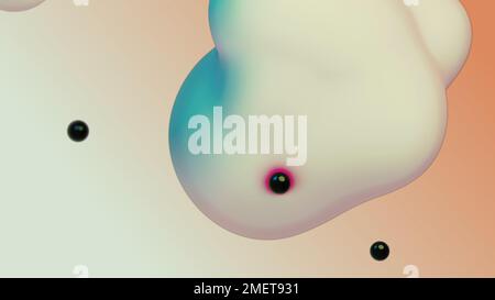 Flüssige Flüssigkeit dynamisch abstrakt animierte weiße Metaball schwimmende Kugeln Tropfen Blasen in Übergangdeformation beigefarbener Hintergrund mit Schwarz Stockfoto