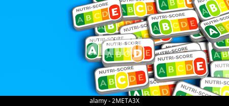 Ein Haufen Etiketten A B C D und E des Nährwertkennzeichnungssystems Nutri-Score, das in den meisten Ländern Westeuropas verwendet wird. Stockfoto