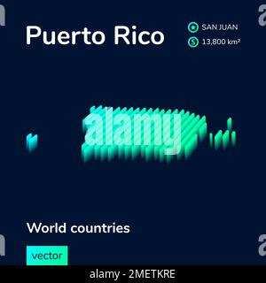 Karte von Puerto Rico. Stilisierte isometrische Neonstreifen-Karte ist in grünen Farben auf dunkelblauem Hintergrund dargestellt Stock Vektor