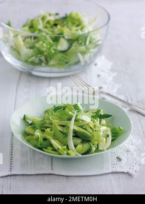 Grüner Salat mit gemischten Blättern, Fenchel, Sellerie, Frühlingszwiebeln und Gurken Stockfoto