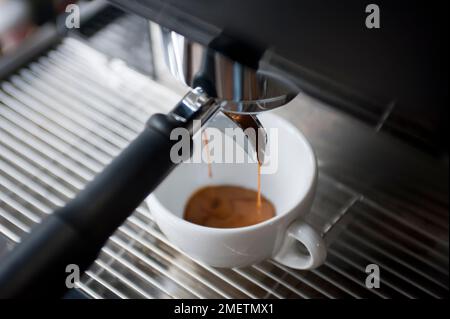Zubereitung von zwei Espresso Shots in eine americano-Tasse Stockfoto