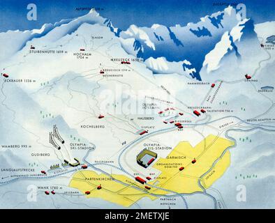 Austragungsort der IV. Olympischen Winterspiele in Garmisch-Patenkirchen vom 6. Bis 16. Februar 1936, allgemeine Karte, Panorama Stockfoto