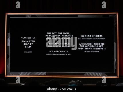 Nominierte Kandidaten für DEN ANIMIERTEN KURZFILM, bekannt gegeben bei der Oscars Nominations Announcement 95., die am Dienstag, den 24. Januar 2023, im Samuel Goldwyn Theater in Beverly Hills, Kalifornien, stattfindet. (Foto: Sthanlee B. Mirador/Sipa USA) Stockfoto
