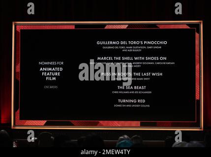 Nominierte für DEN ANIMIERTEN SPIELFILM, bekannt gegeben bei der Oscars Nominations 95. Ankündigung, die am Dienstag, den 24. Januar 2023, im Samuel Goldwyn Theater in Beverly Hills, Kalifornien, stattfindet. (Foto: Sthanlee B. Mirador/Sipa USA) Stockfoto