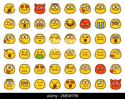 Eine Gruppe von Emoticons, die verschiedene Emotionen im Cartoon-Stil zeigen, isoliert auf weißem Hintergrund. Stock Vektor