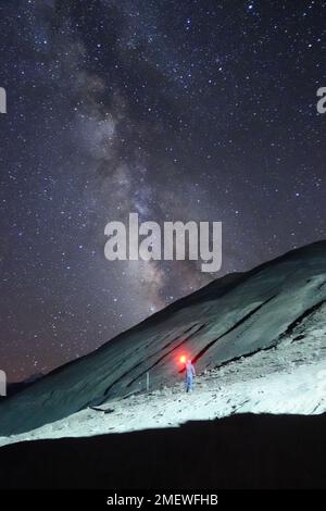 Ladakh, Indien - 24. August 2022: Extrem lange Belichtung, auf der die Milkyway-Galaxie in den Bergen des Himalaya gezeigt wird. Stockfoto