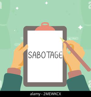 Textunterschrift mit Sabotage. Konzeptionelle Fotovernichtung von Werkzeugen und Materialien eines Arbeitgebers durch Arbeitnehmer Stockfoto