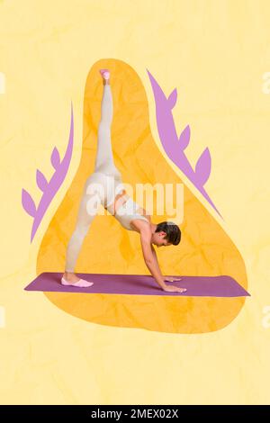 Vertikales Collagenbild eines sportlich flexiblen Mädchens, das Yoga ausübt, isoliert auf bemaltetem kreativem Hintergrund Stockfoto