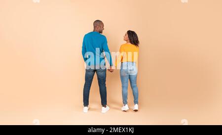 Schwarze Männer und Frauen, die mit dem Rücken zur Kamera stehen, sich anschauen und Händchen halten Stockfoto