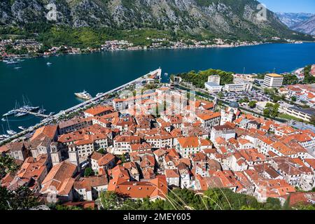 Die befestigte Stadt Kotor an der Bucht von Kotor in Montenegro aus der Vogelperspektive Stockfoto