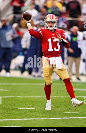 San Francisco 49ers Quarterback Brock Purdy (13)während des NFL Wildcard Game am 14. Januar 2023 im Levi’s Stadium in Santa Clara, Kalifornien. Die 49ers gewannen das Spiel mit 41 zu 23. (Peter Read Miller / Bild des Sports) Stockfoto