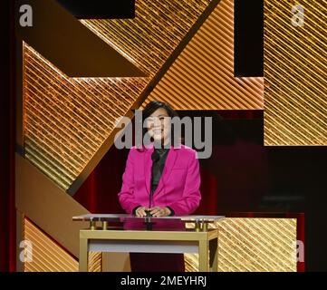 Beverly Hills, Usa. 24. Januar 2023. Janet Yang, Präsidentin der Academy of Motion Picture Arts and Sciences, eröffnet die jährliche Nominierung der Academy Awards 95. im Samuel Goldwyn Theater in Beverly Hills, Kalifornien, am Dienstag, den 24. Januar 2023. Die jährlichen Academy Awards 95. werden am 12. März live auf ABC aus Los Angeles übertragen. 2023. Foto: Jim Ruymen/UPI Credit: UPI/Alamy Live News Stockfoto
