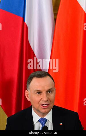 Nachod, Tschechische Republik. 24. Januar 2023. Polnischer Präsident Andrzej Duda während der Pressekonferenz nach dem Treffen mit dem tschechischen Präsidenten Milos Zeman am 24. Januar 2023 in Nachod (Tschechische Republik). Kredit: David Tanecek/CTK Photo/Alamy Live News Stockfoto