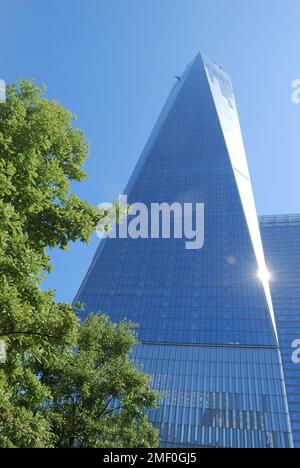 Das One World Trade Center in der Fulton Street 285 in Lower Manhattan, New York City, NY, USA, liegt im Grünen Stockfoto