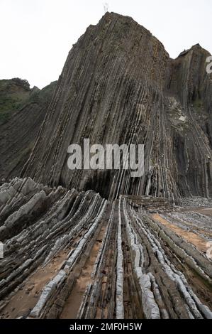 Blick auf steil geneigte Schichten von Flysch-geologischer Formation an der Atlantikküste bei Zumaia bei Ebbe, Baskenland, Spanien Stockfoto