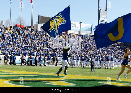 Das South Dakota State Jackrabbits Maskottchen Jack führt die Flagge bei der Feier des NCAA Division I FCS National Championship Game 2023 im Toyota Stadi Stockfoto