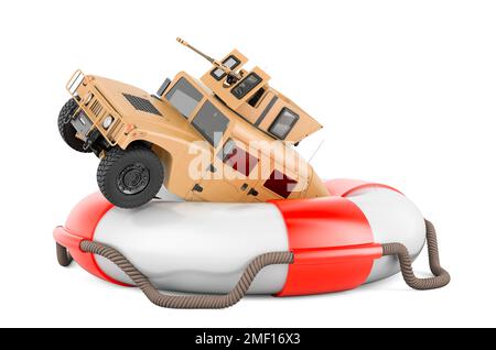 Mehrzweckfahrzeug mit Mobilitätshilfen und Rettungsring, 3D-Rendering auf weißem Hintergrund isoliert Stockfoto