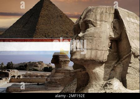 Blick auf die große Sphinx und die Pyramiden in Gizeh (Kairo, Ägypten) Stockfoto