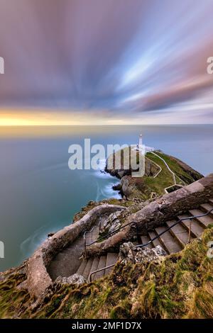 Steile Stufen führen hinunter zum South Stack Lighthouse an der Anglesey Coast, North Wales, Großbritannien. Stockfoto