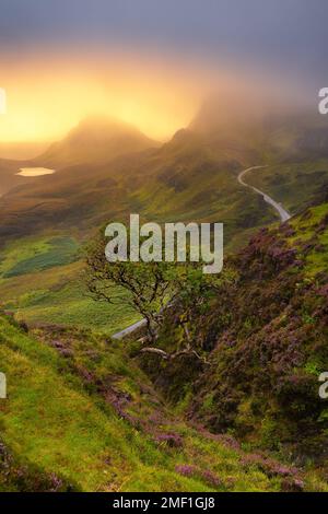 Dramatischer Blick auf die magische schottische Landschaft Quiraing mit anhaltendem Morgennebel auf Berggipfeln. Wunderschöner Sonnenaufgang auf der Isle of Skye. Stockfoto