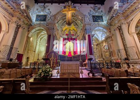 Altar, Inneneinrichtung und geschnitzte Holzdecken in der Kirche Enna, Duomo di Enna, Chiesa Maria Santissima della Visitazione. Stockfoto