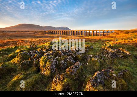 Goldenes Morgenlicht am Ribblehead Viaduct in den Yorkshire Dales, Großbritannien. Stockfoto