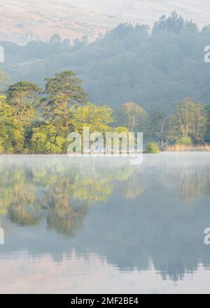 Friedliche Aussicht auf den nebeligen See an einem Frühlingsmorgen. Rydal Water, Lake District, Großbritannien. Stockfoto