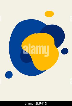 Abstrakte Elemente. Blaue und gelbe Formelemente auf weißem Hintergrund. Abstrakter, moderner Druck. Logo. Wandschmuck. Poster. Visitenkarte. Stockfoto