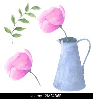 Blumenset Aquarelle Blumen Handzeichnung, Blumenstrauß im Vintage-Stil mit Wildblumen. Stockfoto