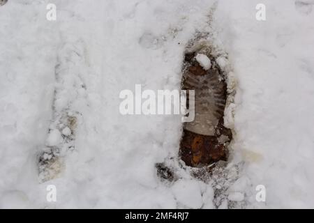 Erhöhte Sicht auf den Fußabdruck auf schneebedecktem Boden. Stockfoto