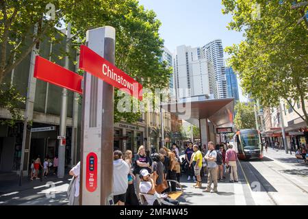 Sydney Light Rail Station hält in Chinatown an der George Street, Passagiere warten auf den nächsten Light Rail Zug, Sydney, NSW, Australien Stockfoto