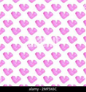 Nahtloses handgemaltes, wasserfarbenes, pinkfarbenes Herzmuster auf pinkfarbenem Hintergrund Stockfoto