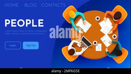 Das Team arbeitet an einem runden Tisch zusammen. Teamarbeit, Brainstorming, Start-up. Abbildung eines flachen Vektors. Stock Vektor