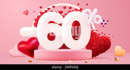 60 Prozent Rabatt. Rabatt kreative Komposition. 3D Verkaufssymbol mit dekorativen Gegenständen. Valentinstag-Angebot. Verkaufsbanner und Poster. Vektordarstellung. Stock Vektor