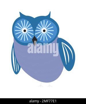 Vogeleule wilder Wald isoliertes Tier mit blauem Gefieder Stock Vektor