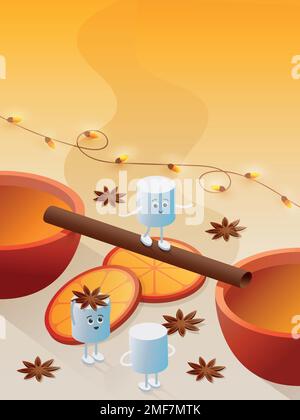 Lustiger Cartoon-Marshmallow mit Bechern Glühwein. Marshmallow mit Lichtern und Gewürzen. Stock Vektor