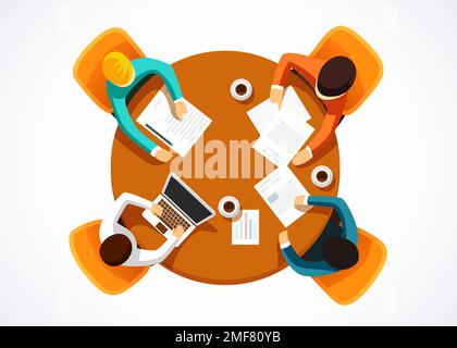 Das Team arbeitet an einem runden Tisch zusammen. Teamarbeit, Brainstorming, Start-up. Abbildung eines flachen Vektors. Stock Vektor