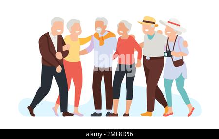 Ältere Menschen stehen zusammen. Glückliche, reife Freunde. Männer und Frauen im Ruhestand umarmen sich. Treffen mit Erwachsenen. Großeltern-Freundschaft. Rentner Stock Vektor