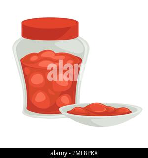 Erdbeermarmelade im Glas und in der Schüssel, hausgemachtes Bio-Essen, isoliertes Gericht Stock Vektor